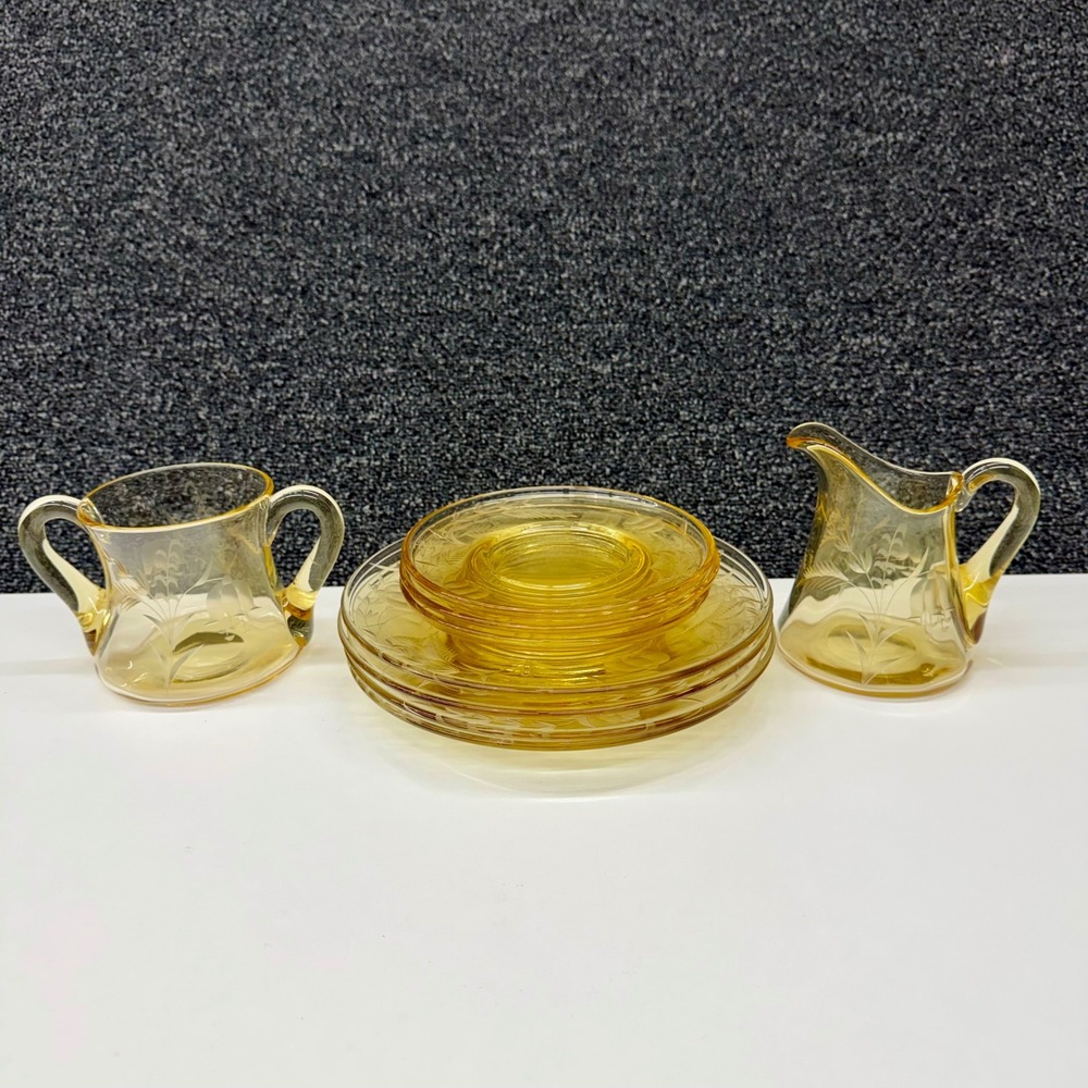 Vintage‎ Yellow Depression Glass Cream Sugar Set Etched Floral Wheat 7pc Amber
